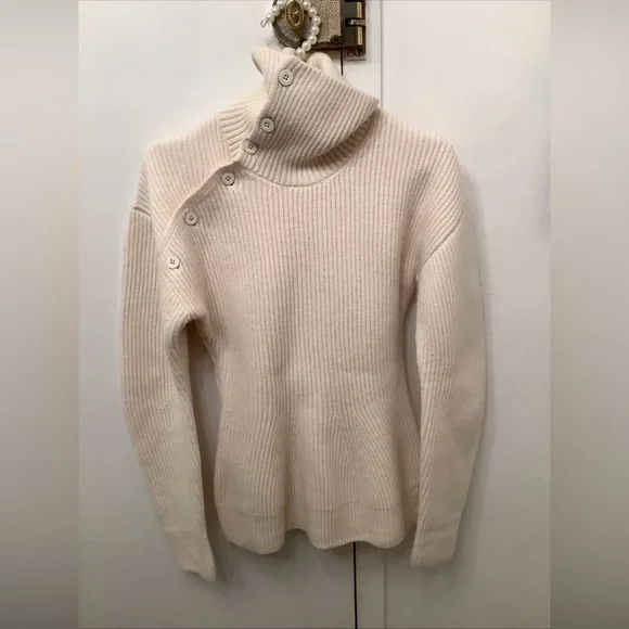 Jil Sander Asymmetric Button Turtleneck Knit Sweater Ivory Long Sleeve Sz 34-S/M - Picture 7 of 16